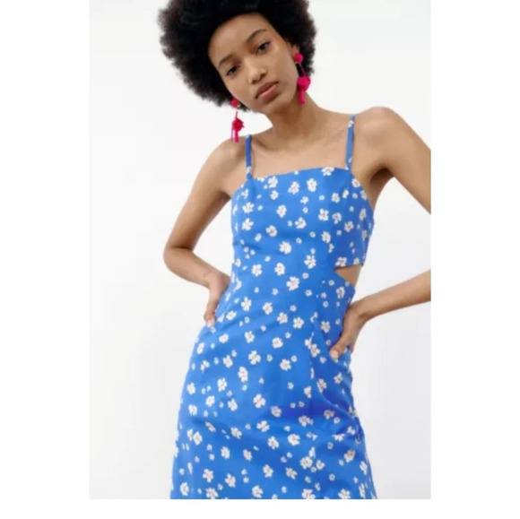 ZARA Printed Mini Dress w/ Cut-Out Detail Blue/White Size Xsmall Floral - Picture 1 of 12
